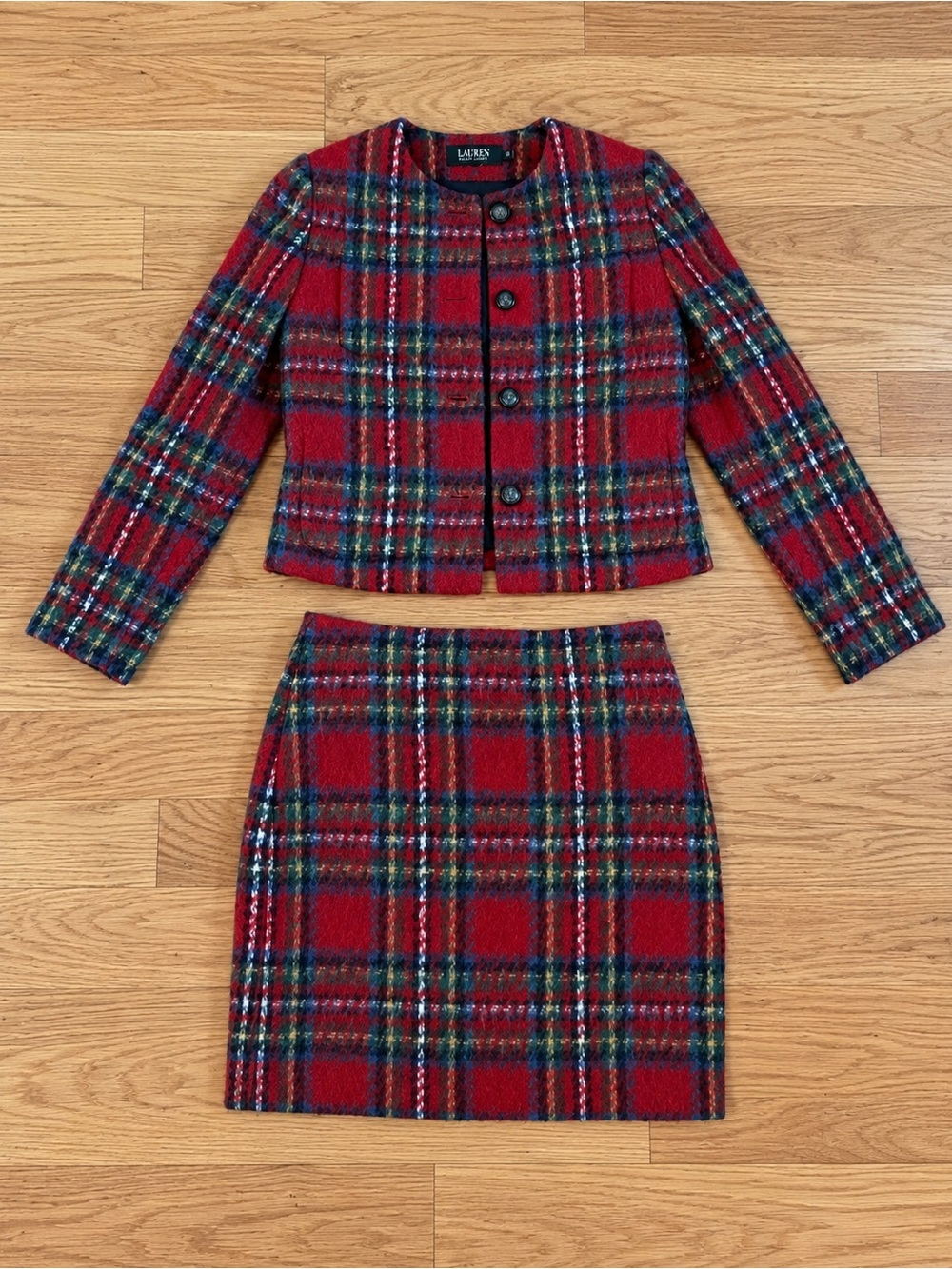 Lauren Ralph Lauren Red Plaid Mohair Jacket Skirt Suit Set Size 4